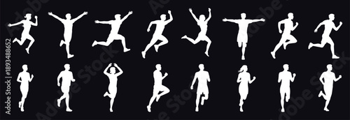 Running and jumping athlete silhouette illustration set featuring dynamic human sports poses, white figures on dark background for fitness, motion, speed, and active lifestyle design concepts