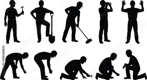 Construction worker silhouettes performing different tasks, industrial labor actions with tools, safety helmet professionals isolated on white background