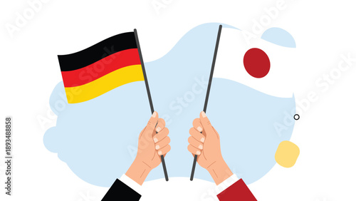 National flags of Germany and Japan are held by two hands against a blue abstract background representing global partnership.