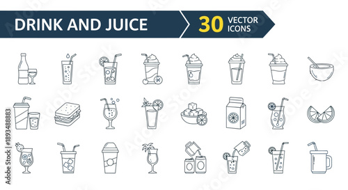 Collection of thirty drink and juice icons in outline style on premium file (245).eps