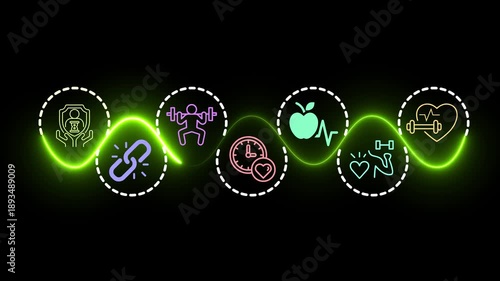 Health and longevity economy concept on the black background. A holistic approach to a healthy lifestyle and extended life expectancy. Motion graphics of longevity economy idea. 4k video animation.
