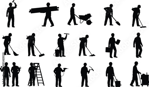 Construction worker silhouettes set showing labor activities, tools and equipment usage, black industry people icons isolated on white background