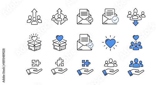 Collection of simple icons representing business concepts and actions in a grid layout