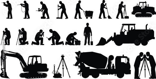 Construction worker silhouettes set showing industrial labor tasks, heavy machinery equipment and building site activities isolated on white background vector