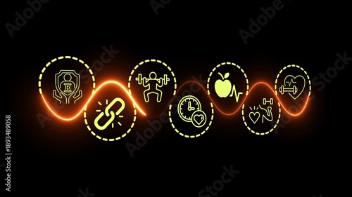 Health and longevity economy concept on the black background. A holistic approach to a healthy lifestyle and extended life expectancy. Motion graphics of longevity economy idea. 4k video animation.