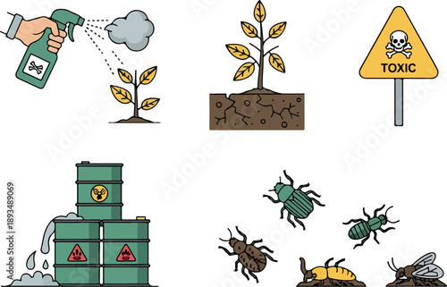 Pest control methods, toxic waste management, and harmful insect infestation illustration