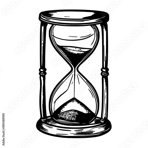 Line drawing of hourglass with flowing sand, minimalist illustration of time keeping tool for branding, patience and measurement concepts