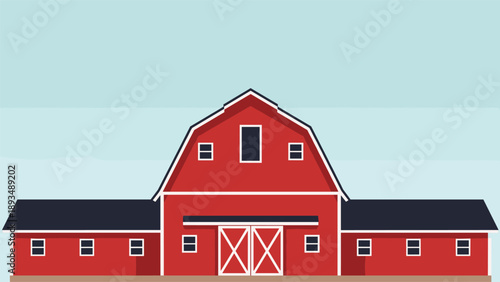Red traditional farm barn building with symmetrical wings stands under a clear blue sky in a minimalist flat vector illustration.