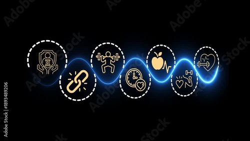 Health and longevity economy concept on the black background. A holistic approach to a healthy lifestyle and extended life expectancy. Motion graphics of longevity economy idea. 4k video animation.