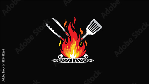 Crossed spatula and tongs with fiery orange flames burning over a charcoal grill grate on a solid black background.