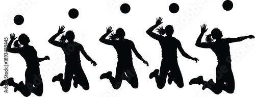 Jumping woman silhouette sequence expressing freedom, happiness and energy, dynamic female movement poses isolated on white background