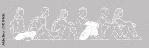 Young people line art illustration set showing students sitting with backpacks, casual youth characters in waiting poses, minimal human outline drawings on gray background