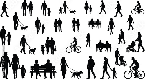People silhouettes collection showing walking families, couples, cyclists, parents with children, dog walking activities isolated on white background