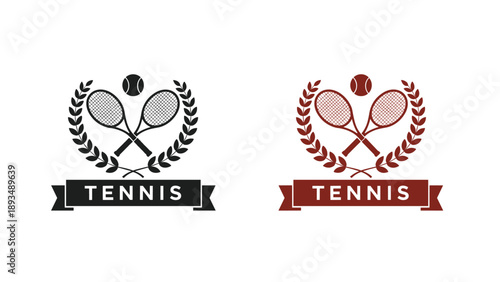 Two minimalist tennis logos featuring crossed rackets and a ball within a laurel wreath shown in black and dark red.