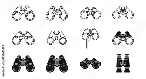 Collection of binoculars illustrations in various styles and views on a clean background