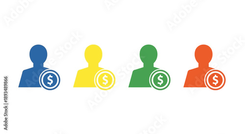 Four colored user icons with dollar signs symbolizing financial transactions or user earnings