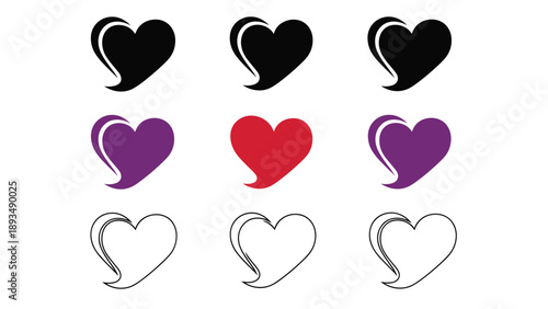 Grid of speech bubble icons in the shape of hearts presented in black purple red and outlined versions for messaging.