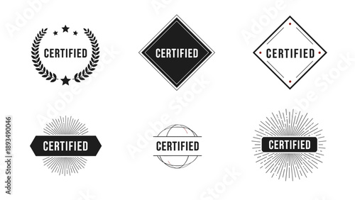 Selection of professional certified stamp and badge designs using diverse shapes such as circles diamonds and sunbursts.