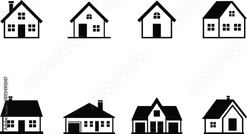 Collection of diverse simple black house icons representing different architectural styles and residential dwellings isolated on transparent background