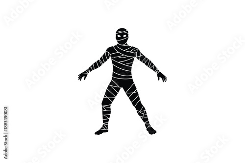 Mummy wrapped in bandages standing spread out arms full body silhouette isolated on white background