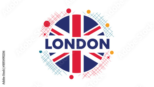 Colorful London city logo featuring the United Kingdom flag in a circular shape with artistic splatters and patterns.