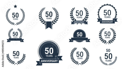 Large collection of 50 years anniversary logos and badges featuring laurel wreaths ribbons and various number styles.