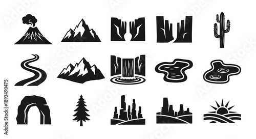 Collection of black silhouettes depicting various landscapes and elements including mountains, volcano, cacti, cityscapes, and natural features premium file (265).eps