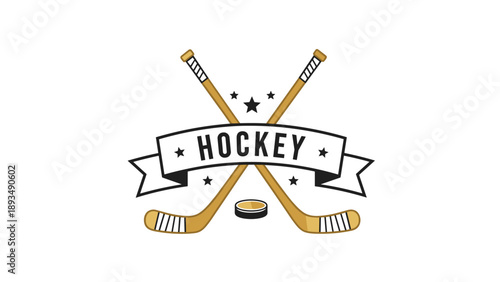 Professional hockey emblem featuring two crossed sticks a puck and stars with a decorative banner for team names.