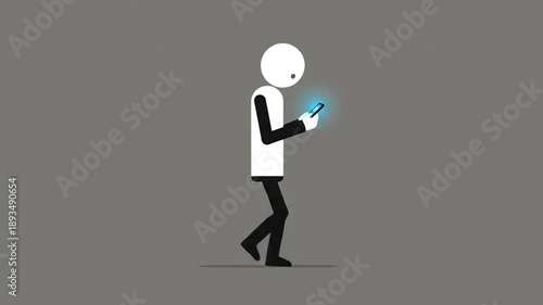 Animated Stick Figure Walking While Using Smartphone on Gray Background