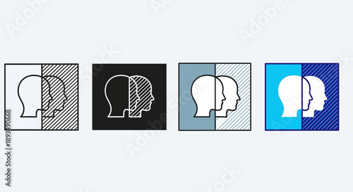 Four illustrations showcasing different human head profiles in varied color schemes and textures, symbolizing diverse perspectives and viewpoints in a modern graphic style