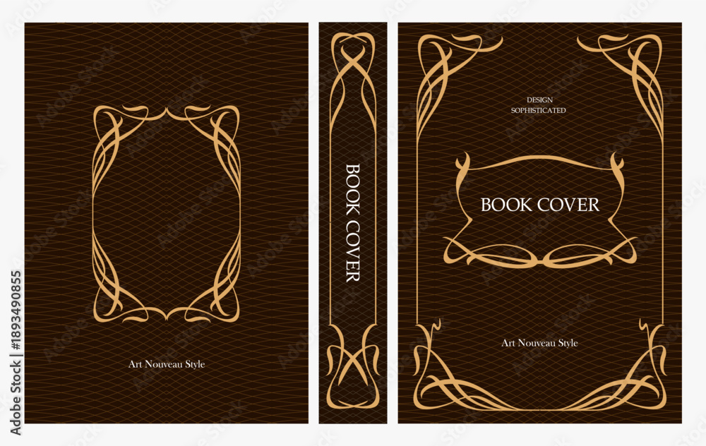 Fototapeta premium Classic vintage book cover and spine with gold and black art deco, art nouveau ornament, decorative frame, elegant retro style for classic publications, posters, artistic layouts