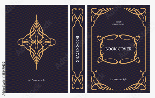 Classic vintage book cover and spine with gold and black art deco, art nouveau ornament, decorative frame, elegant retro style for classic publications, posters, artistic layouts