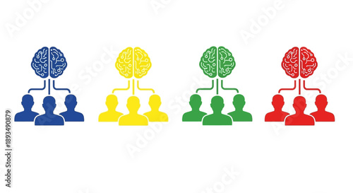 Illustration of diverse team collaboration and brainstorming with colorful silhouettes and brain icons