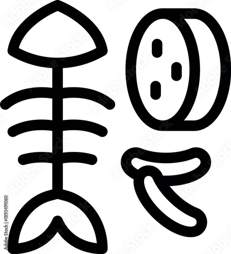 Simple thick line drawing of fish bones, canned tuna and shrimp, representing leftovers or cat food