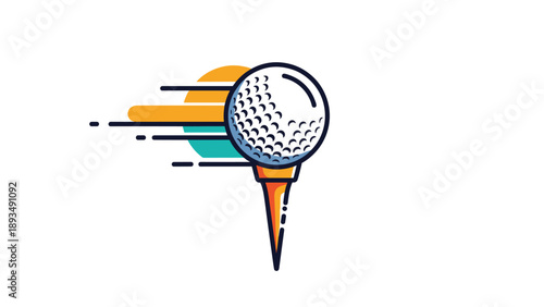 Dynamic golf ball on a tee logo with motion lines and colorful background elements suggesting speed and action.