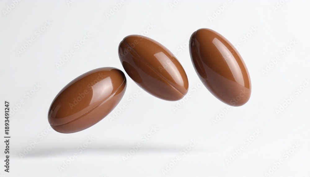 Fototapeta premium Three glossy brown oval capsules floating against plain white background, subtle shadows beneath, clean minimal composition.
