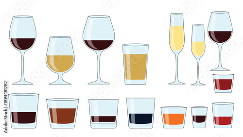 Large set of various alcohol glasses and drinkware including wine flutes beer glasses and shot glasses with liquids.