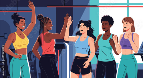 Multiethnic women friends celebrating and cheering at gym fitness club