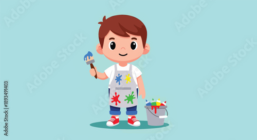 Cute Cartoon Boy Artist Holding Paintbrush and Bucket.