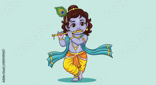 Cute Cartoon Baby Krishna Playing Flute with Peacock Feather.