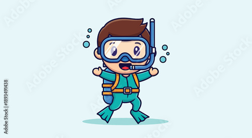 Cute Cartoon Boy Scuba Diving Underwater Adventure.