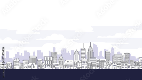 Hand drawn artistic city skyline featuring various building types houses and sky elements in a clean line art style.