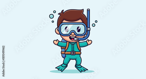 Cute Cartoon Boy Wearing Scuba Gear and Flippers Ready to Dive.