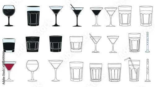 Grid showing various types of drinking glass outlines including wine martini beer and tall glasses in several styles.