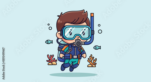 Cute Cartoon Boy Scuba Diving Underwater with Fish and Coral.