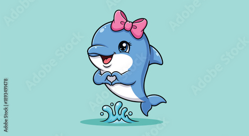 Cute cartoon dolphin with a pink bow making a heart shape with its fins.