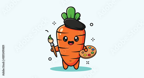 Cute Cartoon Carrot Artist with Beret and Paint Palette.