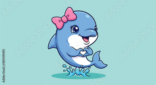 Cute Cartoon Dolphin with Pink Bow Jumping in Water.