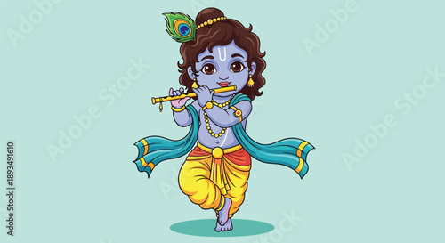 Cute cartoon illustration of Lord Krishna playing flute celebrating Janmashtami festival.