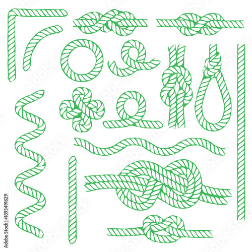 Vector drawing of rope elements for mountaineering, marine work. Green braided rope, rope, a series of rope segments on a transparent background.